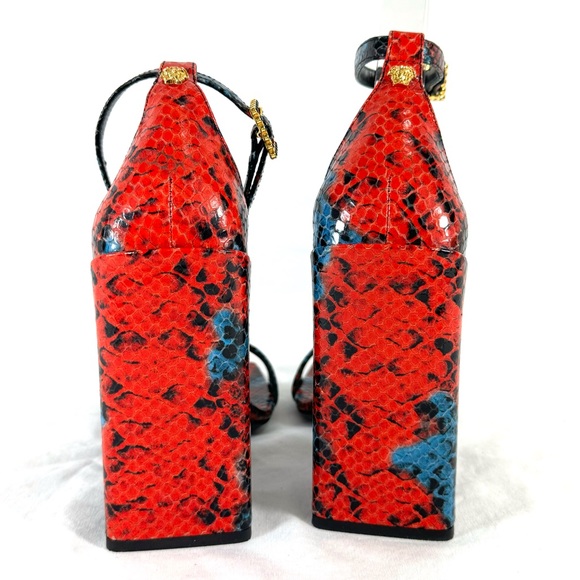 VERSACE Medusa Red Blue Embossed Snakeskin Leather Heel Sandals Wedge 38 8US - Picture 9 of 13